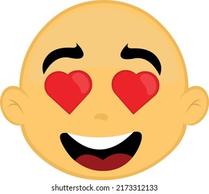 Vector illustration of the face of a yellow bald cartoon character, with an expression of love and eyes in the shape of hearts