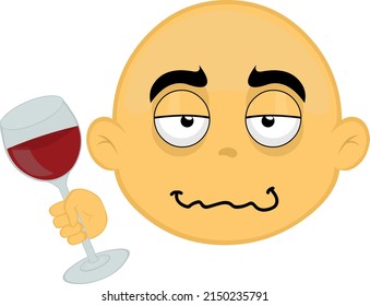 Vector illustration of the face of a yellow cartoon character, bald, with a drunken expression and a glass of wine in his hand