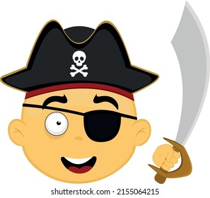 Ilustración vectorial de la cara de un personaje de caricatura amarillo con un parche en el ojo, un sombrero y una espada pirata en la mano