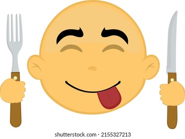 Vector illustration of the face of a yellow cartoon character, bald with a yummy expression, with a knife and fork in his hands