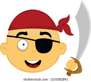 Vector Illustration Of The Face Of A Yellow Cartoon Character, With A Hat, Eye Patch And Pirate Sword