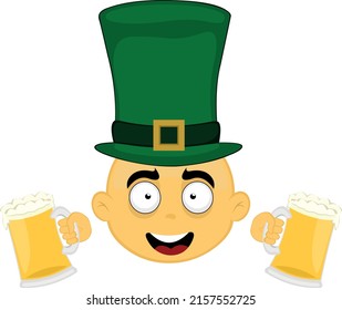Vector illustration of the face of a yellow cartoon character, with an elf hat on his head and two glasses of beer in his hands, in commemoration of oktoberfest