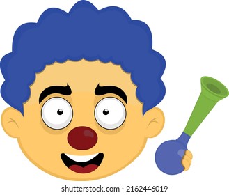 Vector illustration of the face of a yellow cartoon clown with a horn bugle in his hand