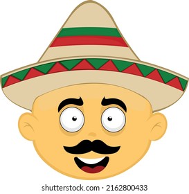 Vector illustration of the face of a yellow cartoon character with a mustache and a mexican hat
