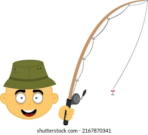 Vector illustration of the face of a yellow cartoon character, with a fisherman hat and a fishing rod