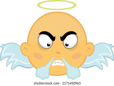 Vector illustration of the face of a yellow cartoon angel, with an angry expression and blowing smoke through the nose