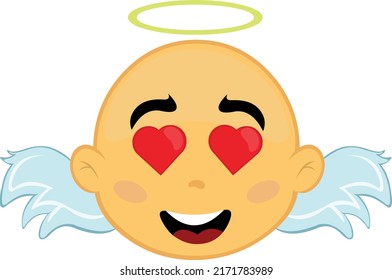 Vector illustration of the face of a yellow cartoon angel, with an expression of love and eyes in the shape of hearts