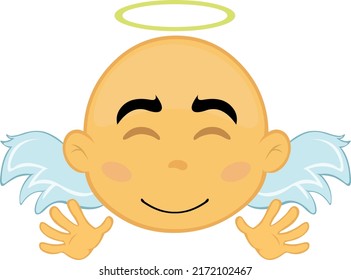 Vector illustration of the face of a yellow cartoon angel, with a happy expression and waving with his hands