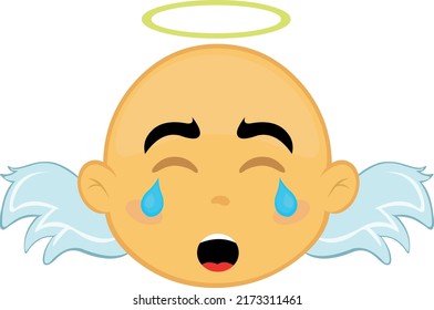 Vector illustration of the face of a yellow cartoon angel, with a sad expression, crying and tears in his eyes