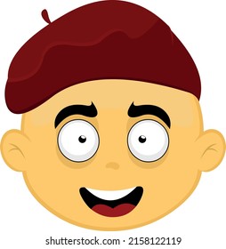 Vector illustration of the face of a yellow character with a happy expression and a red beret on his head