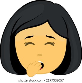Vector illustration of the face of a yellow female emoji, yawning with her hand in her mouth