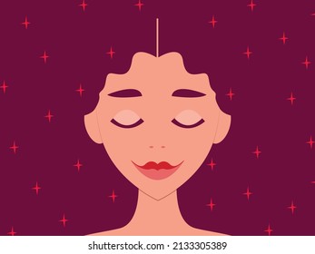 Ilustración vectorial - la cara de una joven hermosa mujer sonriente durmiendo con los ojos cerrados y el pelo - un cielo estrellado. Concepto: sueño saludable y sueños agradables