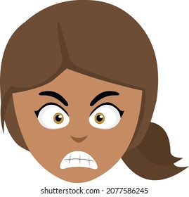 Vektorgrafik des Gesichts einer jungen Cartoon-Brunette-Frau mit wütenden Ausdrücken
