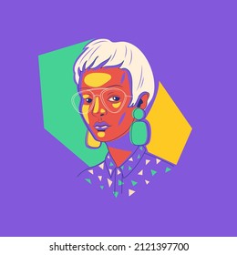 Vector illustration with the face of young girl with short hair. Appearance and beauty. Diversity and self-expression
