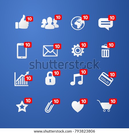 Vector illustration facebook concept thumbs up like social network icon with new appreciation number symbol and diffenrent online web icons set