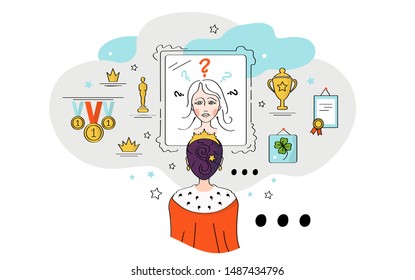 Vector illustration, Facebook cover, girl with imposter syndrome, sad impostor woman, Meghan, Duchess of Sussex, crown of princess, queen, looks in mirror, doubts herself. Cups, medals,  diplomas