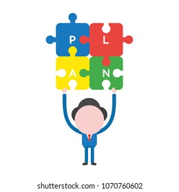 Vector illustration of faceless businessman character holding up connected plan jigsaw puzzle pieces.