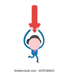 Vector illustration of faceless businessman character running and carrying arrow moving down.