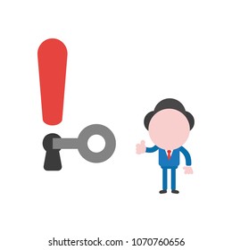 Vector illustration of faceless businessman character unlock exclamation keyhole and giving thumbs up.