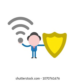 Vector illustration of faceless businessman character holding wireless wifi symbol and guard shield.