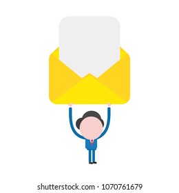 Vector illustration of faceless businessman character holding up open yellow mail envelope with blank paper.