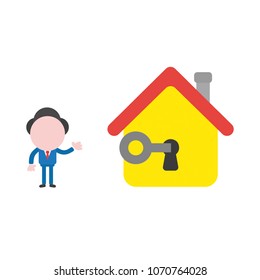 Vector illustration of faceless businessman character unlock house keyhole with key.