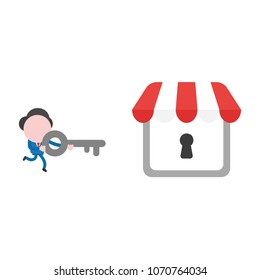 Vector illustration of faceless businessman character running and carrying key to unlock shop store keyhole.