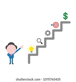 Vector illustration of faceless businessman character pointing top of stairs, light bulb idea, magnifying glass, gear, bulls eye target and dollar money on steps.