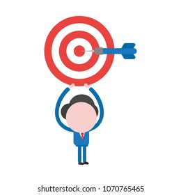 Vector illustration of faceless businessman character holding up bulls eye and dart in the center.