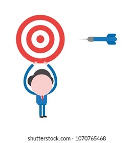 Vector illustration of faceless businessman character holding up bulls eye with dart.