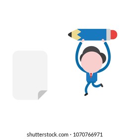 Vector illustration of faceless businessman character running and carrying pencil to blank paper.