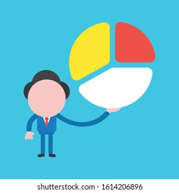 Vector illustration of faceless businessman character holding diagram pies on blue background.