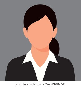 Vector illustration of a faceless businesswoman avatar in a formal black suit and white shirt with a ponytail. Ideal for professional profiles, corporate presentations, or HR visuals.