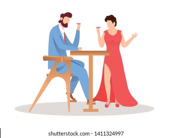 Ilustración vectorial de una pareja sin rostro en su cita y sosteniendo una copa de vino.
