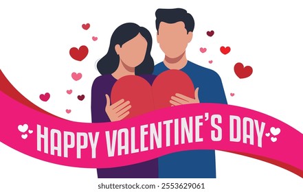 A Vector illustration of a faceless female and man holding a large red heart for Happy Valentine's Day