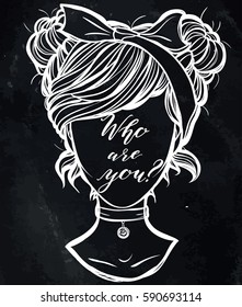 Vector illustration. Faceless image of a retro girl,lettering. Handmade, prints on T-shirts, tattoos, background chalkboard