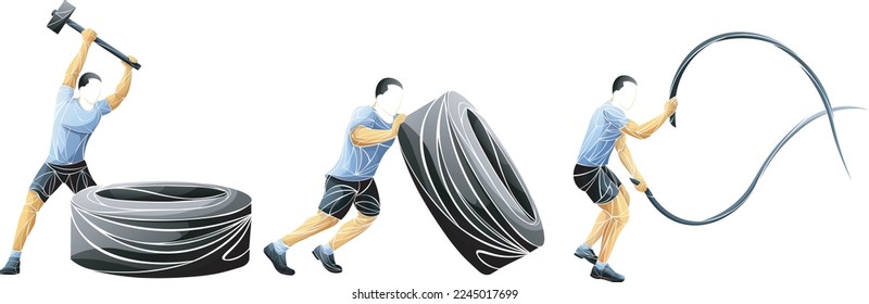 Vector illustration of faceless male athletes performing functional workout exercises: sledgehammer tire slam, tire flipping, and battle rope training. Polygonal abstract style, dynamic poses