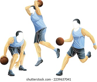Vector illustration of faceless male basketball players in action. Stylized polygonal figures dribbling, jumping, and preparing to shoot. Dynamic sports concept with abstract design