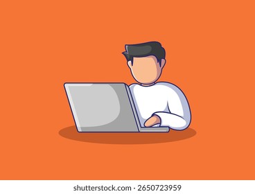 Ilustração vetorial de um personagem masculino sem rosto usando um laptop em um plano de fundo laranja. Estilo de desenho animado plano, ideal para tecnologia, trabalho remoto, freelance ou temas de produtividade.