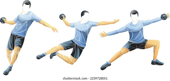 Vector illustration of faceless male handball players in dynamic action poses: passing, jumping, and throwing. Stylized polygonal design capturing motion, power, and teamwork