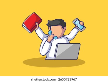 Ilustração vetorial de um homem sem rosto multitarefa com um livro, smartphone, telefonema e laptop. Perfeito para conceitos de negócios, produtividade ou gerenciamento de tempo. Estilo de desenho animado plano.