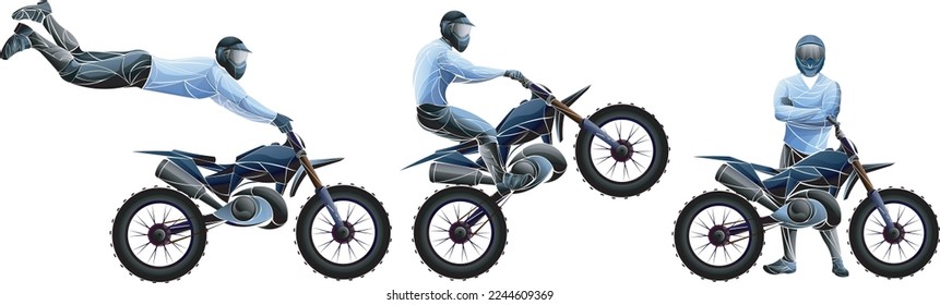 Vector illustration of faceless motocross riders performing stunts, riding and standing next to dirt bikes. Stylized polygonal design showing off-road motion, freestyle tricks, and extreme sport