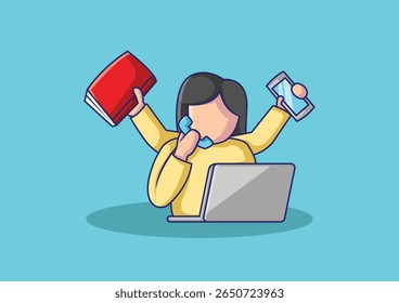 Ilustração vetorial de uma mulher sem rosto que realiza multitarefas usando um telefone, um livro, um smartphone e um notebook. Perfeito para os conceitos de produtividade, estilo de vida movimentado e trabalho em casa.