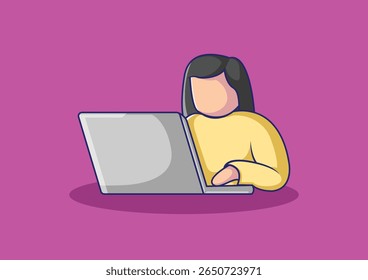Ilustração vetorial de uma mulher sem rosto usando um laptop em um fundo roxo. Ideal para trabalho remoto, freelance, aprendizado on-line e conceitos de comunicação digital.