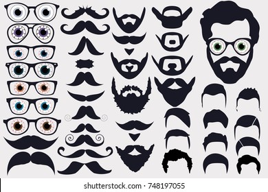 Ilustración vectorial del creador de avatar de caras. Con los hombres colorean los ojos y los vasos, bigotes y barbas, el pelo. Crea tus propios iconos originales para los medios sociales o el sitio web.