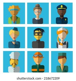 Vector Illustration of faces of profession for avatar, profile page, for app Design, Website, Background. Men, Women Job Characters Template. Set of flat people icons. Thief; medic; teacher; tutor; 