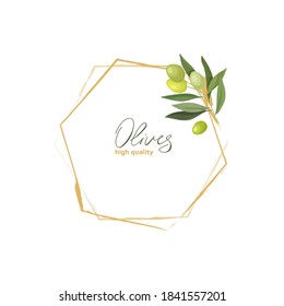 Vector illustration of faceted frame or wreath of olive tree with fruits. For invitations, thank you cards, labels and advertisements