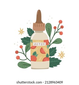 Vector illustration of facial care serum with botanical decor. Beauty Industry