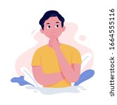vector illustration of facial expression of a young man who is thinking with his hands placed under his chin and eyes looking up