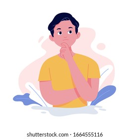 vector illustration of facial expression of a young man who is thinking with his hands placed under his chin and eyes looking up